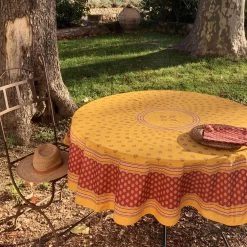 70" Round Sormiou Yellow & Red Acrylic-Coated Cotton Tablecloth By Label France -Home Kitchen And Dining Tablecloth Shop sormiou round yellow red