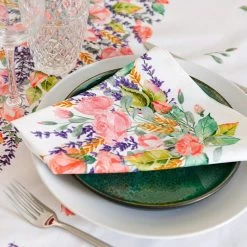 Grasse White Provence Cotton Napkin By Tissus Toselli -Home Kitchen And Dining Tablecloth Shop tissus toselli french cotton napkin grasse roses lavender asq
