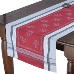 20x64" Olivia Gray & Red Jacquard Cotton Table Runner By Tissus Toselli