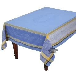 62" Square Olivia Blue & Yellow French Jacquard Tablecloth By Tissus Toselli