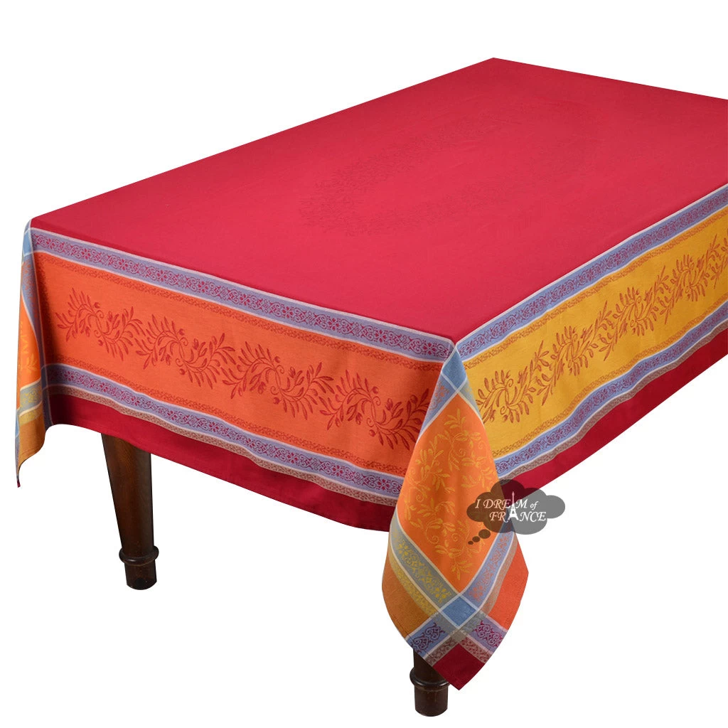62x78" Rectangular Olivia Red & Orange French Jacquard Tablecloth By Tissus Toselli 3 62x78" Rectangular Olivia Red & Orange French Jacquard Tablecloth By Tissus Toselli