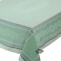 62x138" Rectangular Olivia Green Jacquard Tablecloth By Tissus Toselli -Home Kitchen And Dining Tablecloth Shop tissus toselli french jacquard cotton teflon tablecloth olivia green asqw 41b3251c 1c54 4cbb b958 f2c0ba16e696