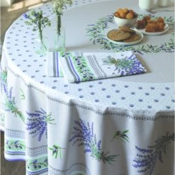 70" Round Lauris Acrylic-Coated Cotton Tablecloth By Tissus Toselli -Home Kitchen And Dining Tablecloth Shop tissus toselli lauris ecru round french coated tablecloth placee b