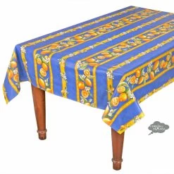60x 96" Striped Rectangular Lemons Blue Acrylic-Coated Cotton Tablecloth By Tissus Toselli