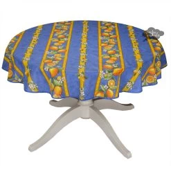 58" Round Lemons Blue Tablecloth By Tissus Toselli