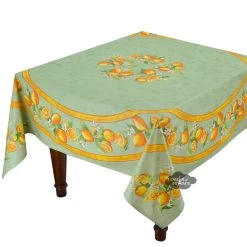 70" Square Lemons Green Acrylic-Coated Cotton Tablecloth By Tissus Toselli