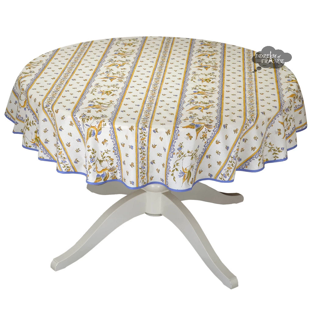 58" Round Moustiers Blue & Cream Acrylic-Coated Cotton Tablecloth By Tissus Toselli 3 58" Round Moustiers Blue & Cream Acrylic-Coated Cotton Tablecloth By Tissus Toselli