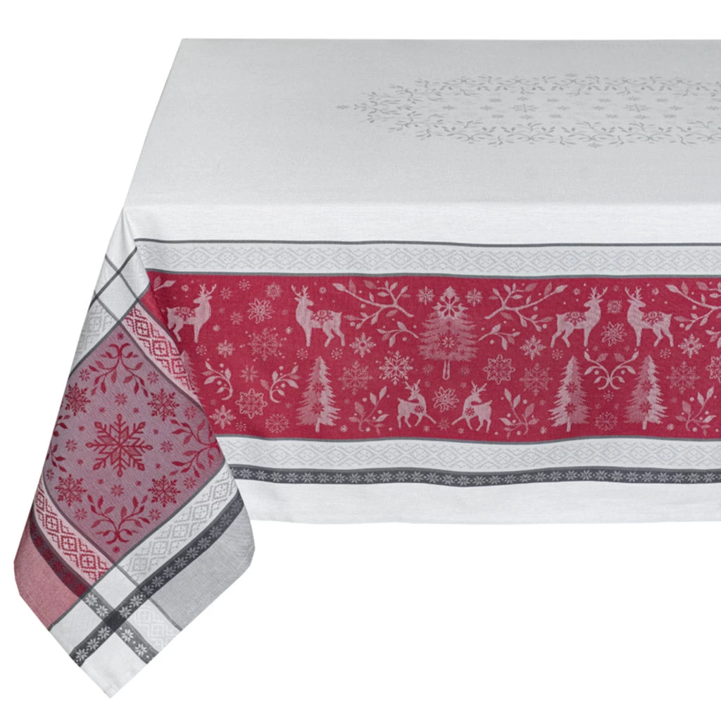 62" Square Christmas Spirit Gray & Red French Jacquard Tablecloth By Tissus Toselli 3 62" Square Christmas Spirit Gray & Red French Jacquard Tablecloth By Tissus Toselli