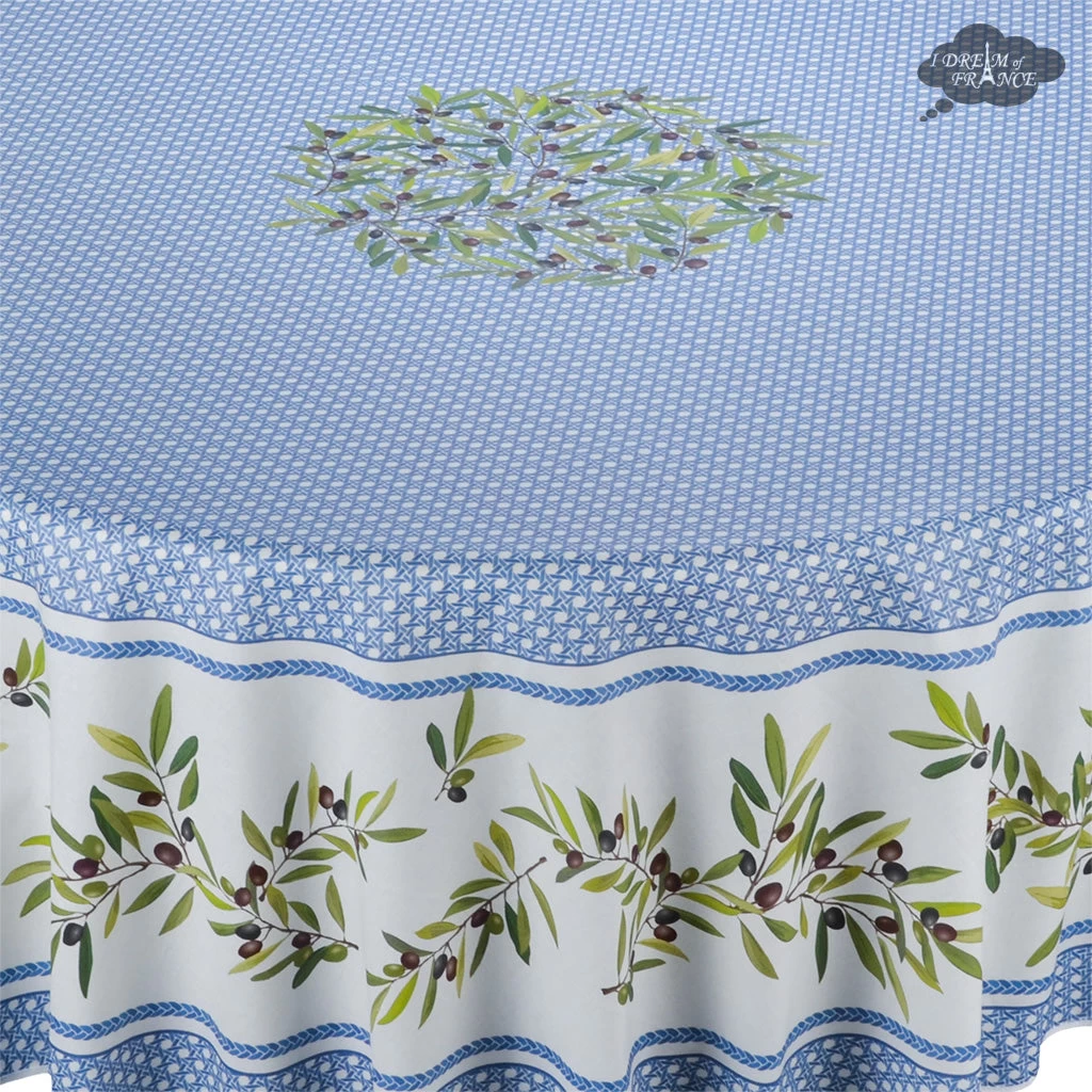 90" Round Nyons Blue Acrylic-Coated Cotton Tablecloth By Tissus Toselli 4 90" Round Nyons Blue Acrylic-Coated Cotton Tablecloth By Tissus Toselli - Image 2