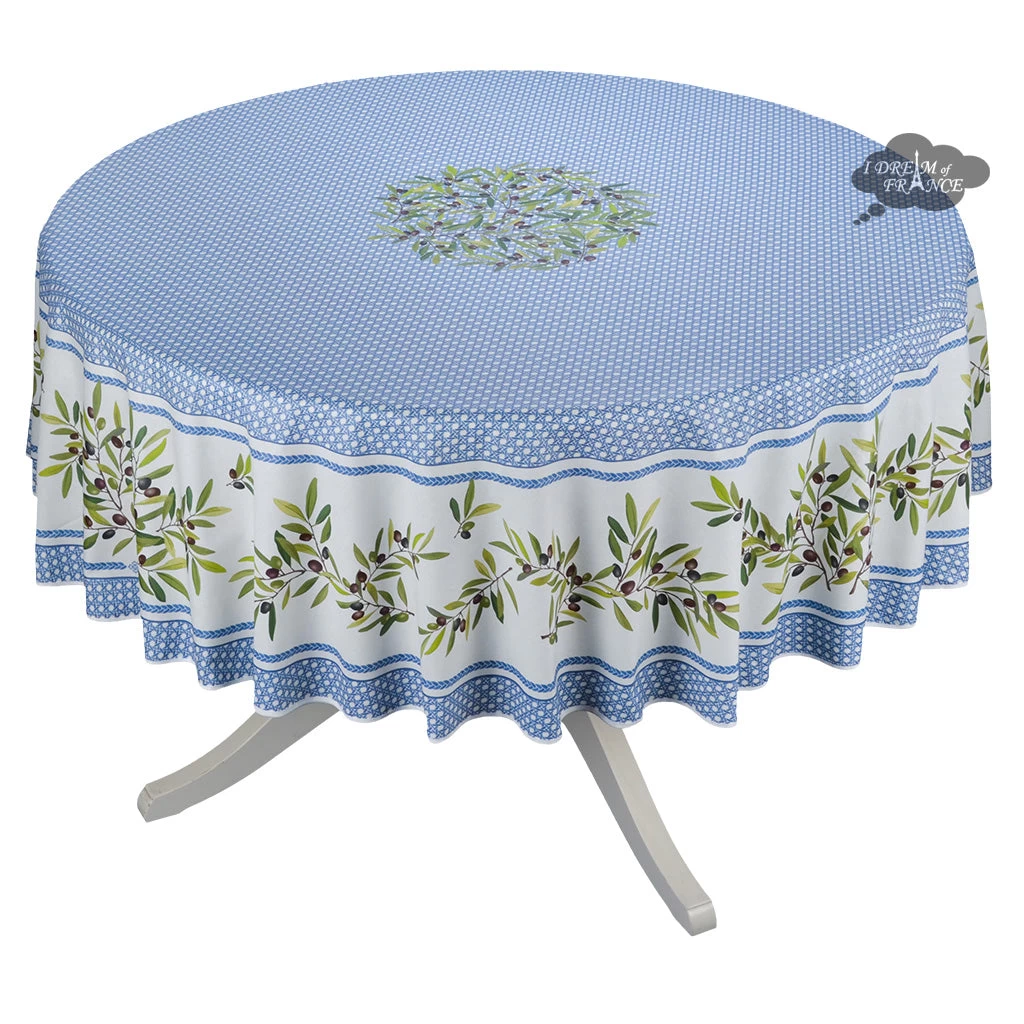 90" Round Nyons Blue Acrylic-Coated Cotton Tablecloth By Tissus Toselli 3 90" Round Nyons Blue Acrylic-Coated Cotton Tablecloth By Tissus Toselli