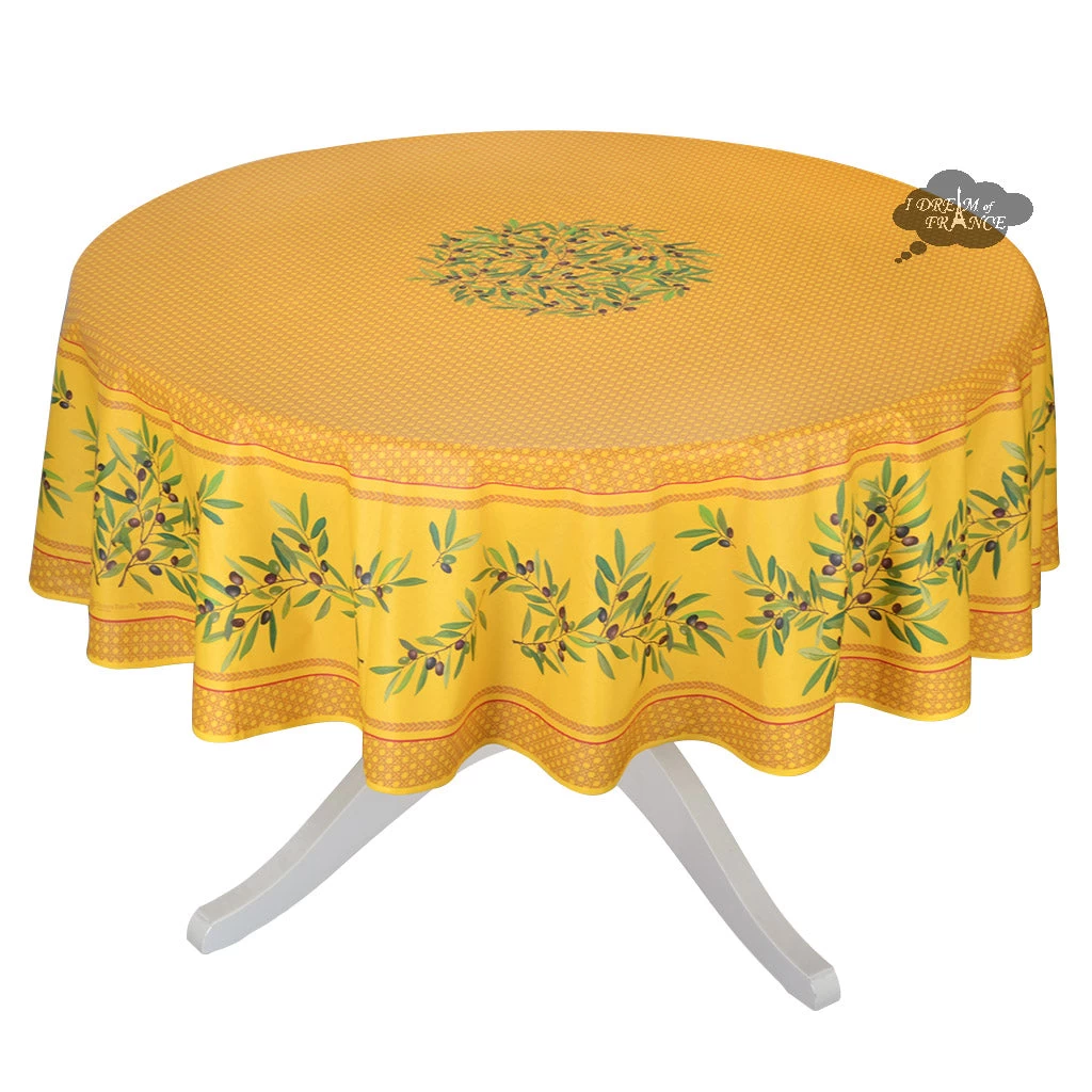 90" Round Nyons Yellow & Red Acrylic-Coated Cotton Tablecloth By Tissus Toselli