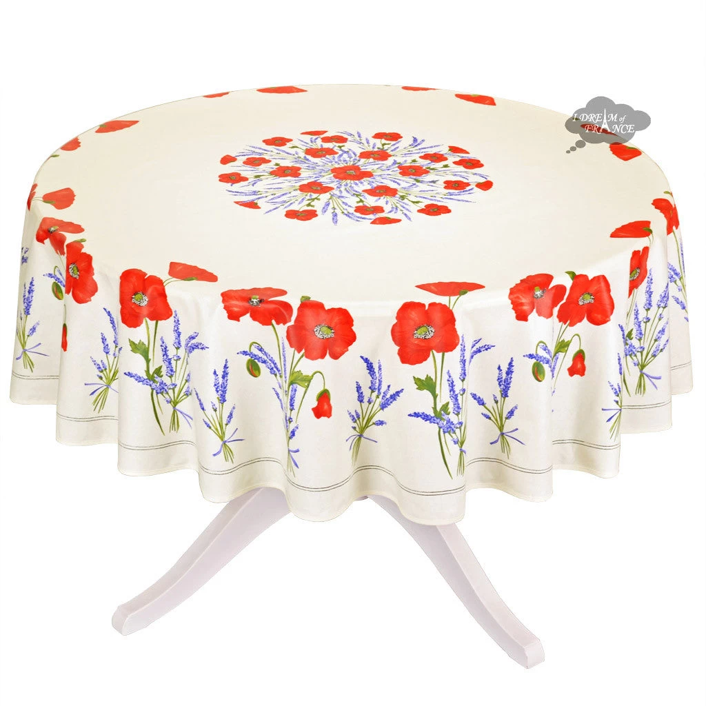 90" Round Poppies Cream Acrylic-Coated Cotton Tablecloth By Tissus Toselli