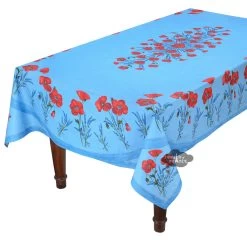 60x96" Rectangular Poppies Sky Blue Coated Cotton Tablecloth By Tissus Toselli