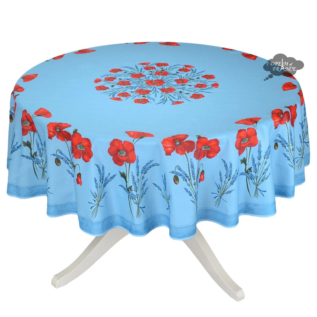 70" Round Poppies Sky Blue Acrylic-Coated Cotton Tablecloth By Tissus Toselli