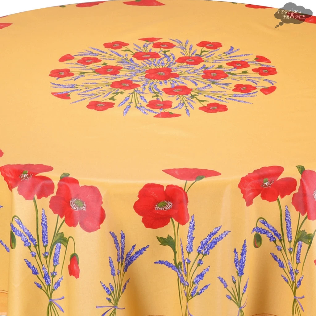 90" Round Poppies Yellow Acrylic-Coated Cotton Tablecloth By Tissus Toselli 4 90" Round Poppies Yellow Acrylic-Coated Cotton Tablecloth By Tissus Toselli - Image 2