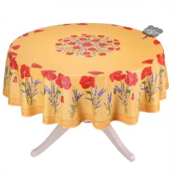 90" Round Poppies Yellow Acrylic-Coated Cotton Tablecloth By Tissus Toselli
