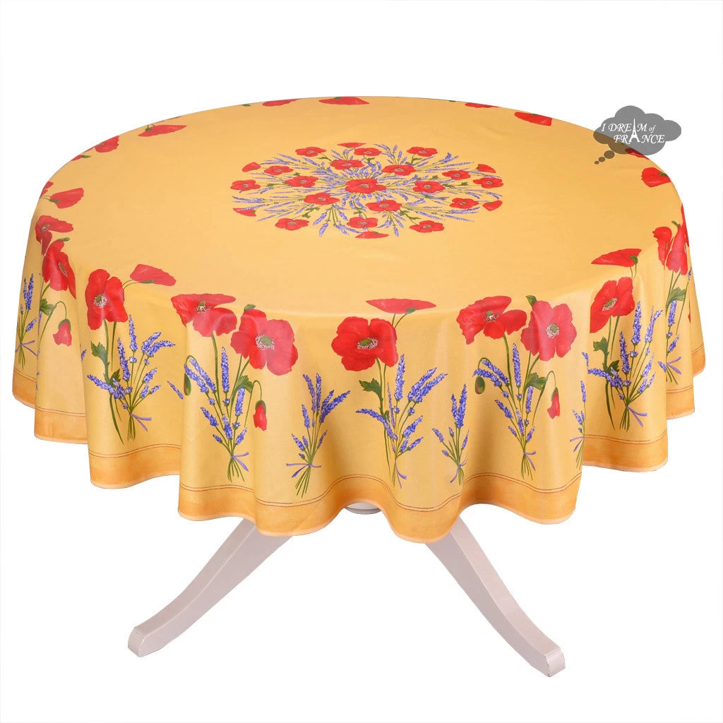 90" Round Poppies Yellow Acrylic-Coated Cotton Tablecloth By Tissus Toselli 3 90" Round Poppies Yellow Acrylic-Coated Cotton Tablecloth By Tissus Toselli