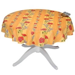 58" Round Poppies Yellow Acrylic-Coated Cotton Tablecloth By Tissus Toselli