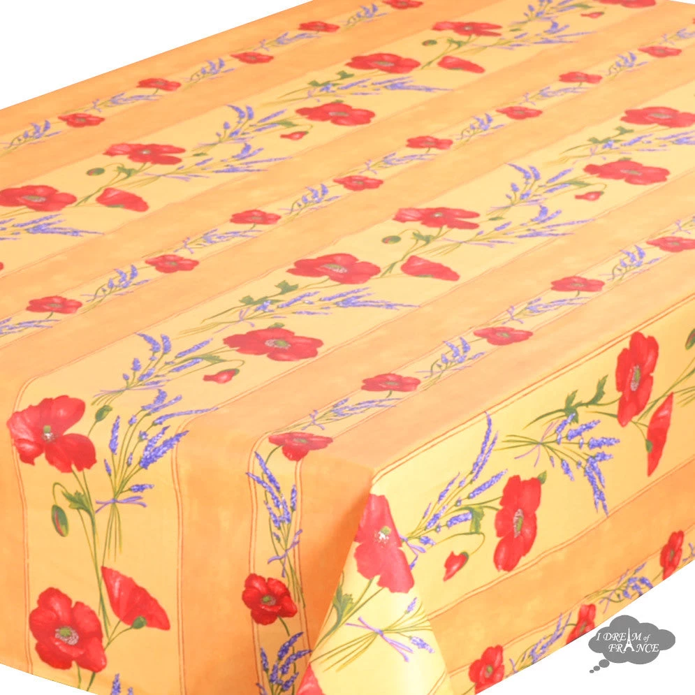 58" Square Poppies Yellow Acrylic-Coated Cotton Tablecloth By Tissus Toselli 4 58" Square Poppies Yellow Acrylic-Coated Cotton Tablecloth By Tissus Toselli - Image 2