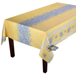 60x138" Rectangular Valensole Yellow Double Border Coated Cotton Tablecloth By Label France