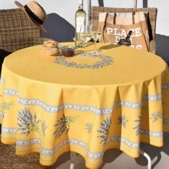 70" Round Valensole Yellow Acrylic-Coated Cotton Tablecloth By Label France -Home Kitchen And Dining Tablecloth Shop valensole yellow coated cotton round tablecloth l ensoleillade asq